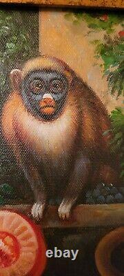 Oil Paintings by Markey both paintings are of mischievous monkeys in fruit