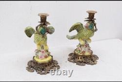Pair Set Porcelain, Bronze Candlestick Parrots on Branch Bird Parrot Art Deco