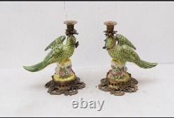 Pair Set Porcelain, Bronze Candlestick Parrots on Branch Bird Parrot Art Deco