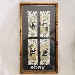 Papercut Pandas on Handcut Paper with Bamboo Framed Set of 4 15 1/2 x 8 1/2