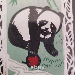 Papercut Pandas on Handcut Paper with Bamboo Framed Set of 4 15 1/2 x 8 1/2