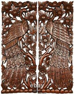 Peacock Animal Carved wood wall art panels Home Decor. Brown Extra Thick Set of 2