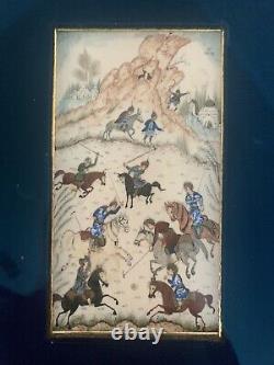 Persian Art Painting Set Gold Trim Polo Match & Animal Hunting Yaziri On Bone