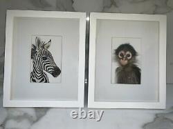 Pottery Barn Wood Picture Frame White with Animal Print Shop Nursery Art Set of 6