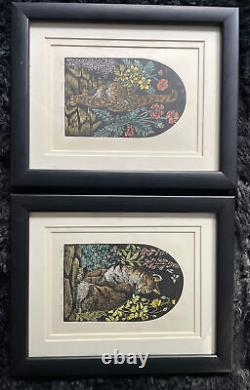 Rama Samaraweera Set of Two Woodblock Prints Cats Limited Edition Signed Framed
