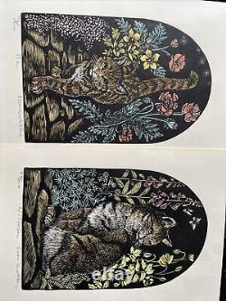 Rama Samaraweera Set of Two Woodblock Prints Cats Limited Edition Signed Framed