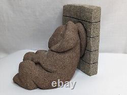 Rare Lou Rankin Concrete Dog & Rabbit Cement Sculpture Bookends, Signed 1998