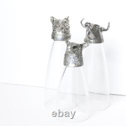 Rare Set of 3 Arte Italica Italy Animale Glass Pewter Animal Head Bar Glasses 8
