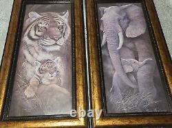 Ruane Manning Set of 2 Tiger/Elephant & Baby Framed Signed Print 12X24