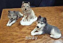 SANDRA BRUE SANDICAST set of 3 Sculptures Snow Wolfs 1994-1987 blue eyed Husky