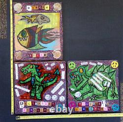 SCRABBLE KIDS ART SET 3x Original Drawing/Collage On Wood, Fish Dinosaur Dragon