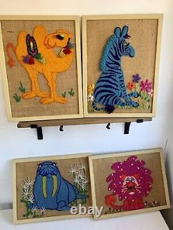 SET 4 Vintage Zoo Animal Crewel 60s 70s Cross Stitch Framed Art Camel Lion Zebra