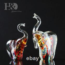 Set 2 Elephants Figurines Animals Hand Blown Glass Art Collectible Gift Decorate
