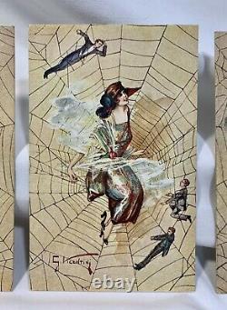 Set (3) Vincentini Artist Postcard Art Deco Ladies Little Men In Web -Rare UNP