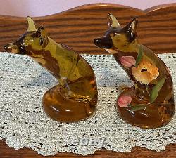 Set Of 2 Fenton Art Glass Amber Foxes, One Hand Painted Signed J Cutshaw
