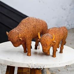 Set Of 2-Folk Art Bison Bull Cow Calf Woodcarving Family