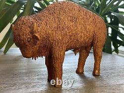 Set Of 2-Folk Art Bison Bull Cow Calf Woodcarving Family