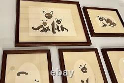 Set Of 5 Cat Paintings Originals. Framed & Matted OOAK. Sepia. Sarah Hairgrove