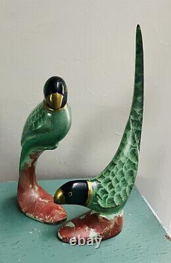 Set Of Vintage Heavy Bronze Cast Art Deco Bird Parrots Statue Figurines Green