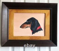 Set SIGNED Vintage Oil Painting Mid Century DACHSHUND DOGS 1950s art Burlap Matt