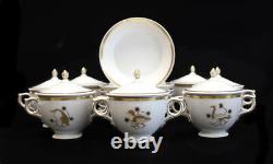 Set for 7 Royal Copenhagen Covered Cream Soup Cups and Saucers, Gold Animals