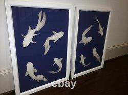 Set of 2 Contemporary Asian Zen Designer Blue Water White Koi Fish Art Prints