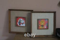 Set of 2 MCM Signed Chinese Enamel Art on Copper Painting 4 Panda Lion Framed