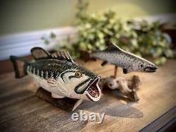 Set of 2 Vtg. Folk Art Hand Carved/Painted Wooden Fish Mounted On Driftwood