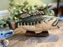 Set of 2 Vtg. Folk Art Hand Carved/Painted Wooden Fish Mounted On Driftwood