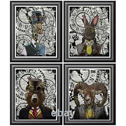 Set of 20 Art Prints on Dictionary Book Pages Steampunk Hipster Animals