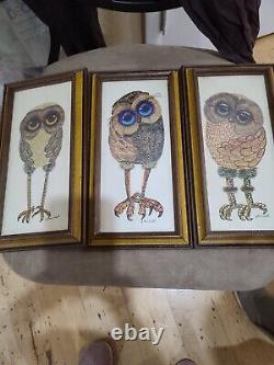 Set of 3 1970s Glenn Heath Big Eyes Owl Moppet Prints framed print