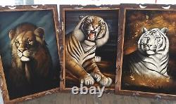 Set of 3 David Ortiz 1970s Velvet Paintings Large 2 Tigers, 1 Lion Mexico