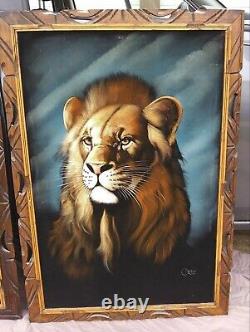 Set of 3 David Ortiz 1970s Velvet Paintings Large 2 Tigers, 1 Lion Mexico