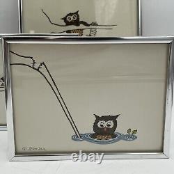 Set of 3 Mid Century Modern Signed Artist Owls Drawing/Painting Blinky Big Eye
