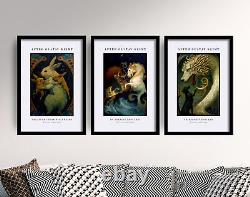 Set of 3 Mythical Animal Fights, Art Print Poster, After Gustav Klimt Horse Dog