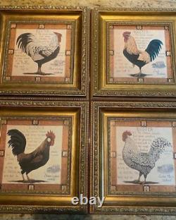 Set of 4 Rooster Prints 10.5 Square Gold Frames Low Country & French Country