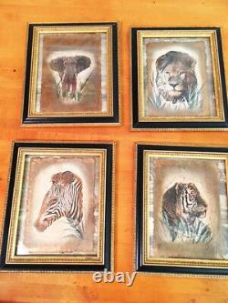 Set of 4 SAFARI African WILD ANIMALS Sketch Framed Black & Gold Art Pictures