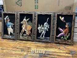 Set of 4 Vintage Framed Velvet Paintings Mexico Donkey and Boy 14x23