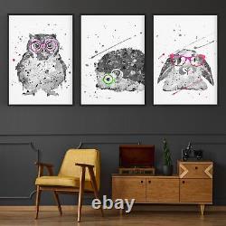 Set of Cute Animals Nursery Baby Wall Art Poster Print, Canvas or Framed