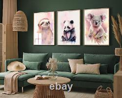 Set of Three Animal Watercolours Pink Poster Art Print Panda Sloth Koala