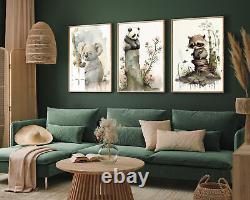 Set of Three Cute Animal Watercolour Paintings Poster Art Panda Raccoon Print