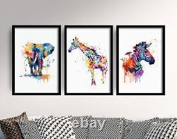 Set of Three Safari Animal Watercolour Painting Art Print Poster Zebra Giraffe