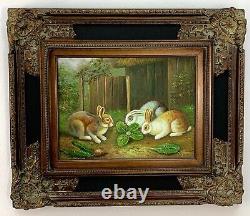 Stunning Vintage 3 Bunnies In The Yard Oil on Canvas Painting Signed & Framed