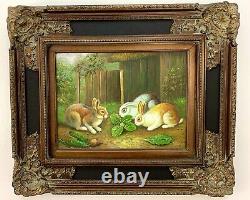 Stunning Vintage 3 Bunnies In The Yard Oil on Canvas Painting Signed & Framed