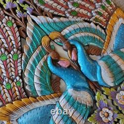 Thai Figure Pair Peacock Carved Wood Wall Art Panels Handmade Set Of 2pcs