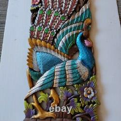 Thai Figure Pair Peacock Carved Wood Wall Art Panels Handmade Set Of 2pcs