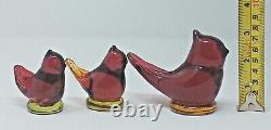 Titan Art Glass Red Bird of Love set of 3 ruby birds amberina yellow base euc