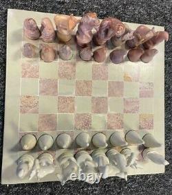 UNIQUE ART NATURAL SOAPSTONE HAND CARVED AFRICAN CHESS SET 18x18 inches+BOARD
