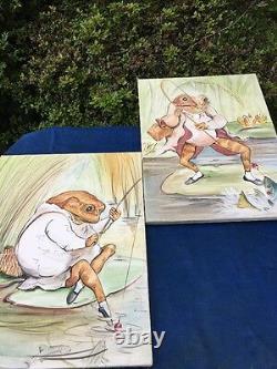 VINTAGE Handpainted Canvas ART Beatrix Potter Oil Painting FISHING FROG SET of 2
