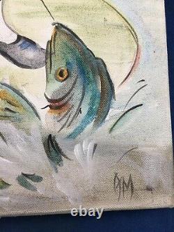 VINTAGE Handpainted Canvas ART Beatrix Potter Oil Painting FISHING FROG SET of 2